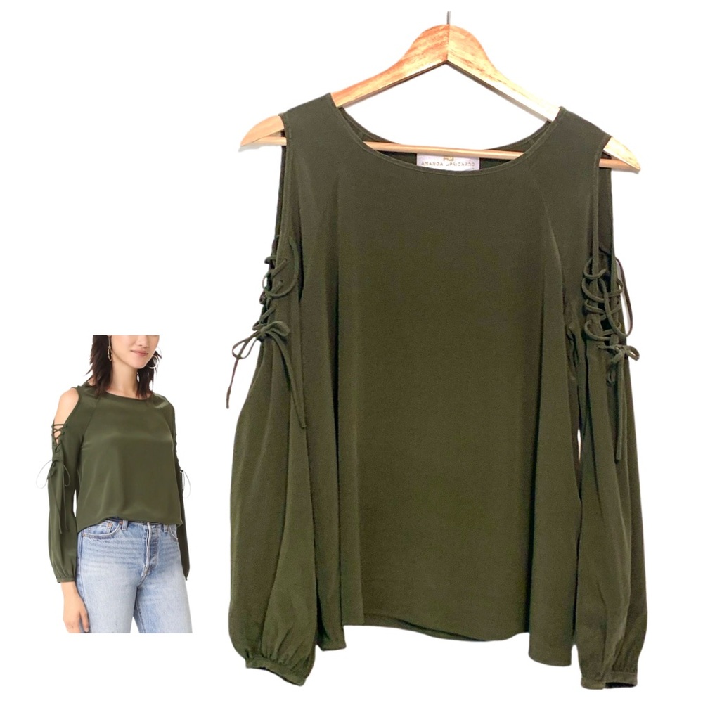 Amanda Uprichard Gibson Long Cut Out Sleeve Silk Blouse Top Olive Green Small